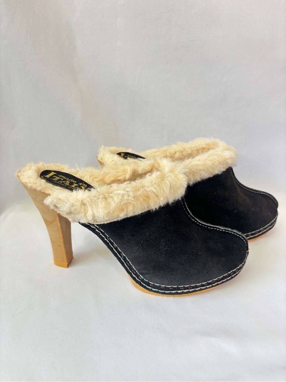 Made in Italy Black Suede Heel Clog Mules with Cream Faux Fur Trim 8